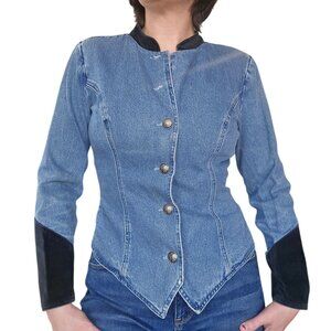 Vintage 1990s Stonebridge Western Denim Fitted Shirt Suede Trim Women's Size 10